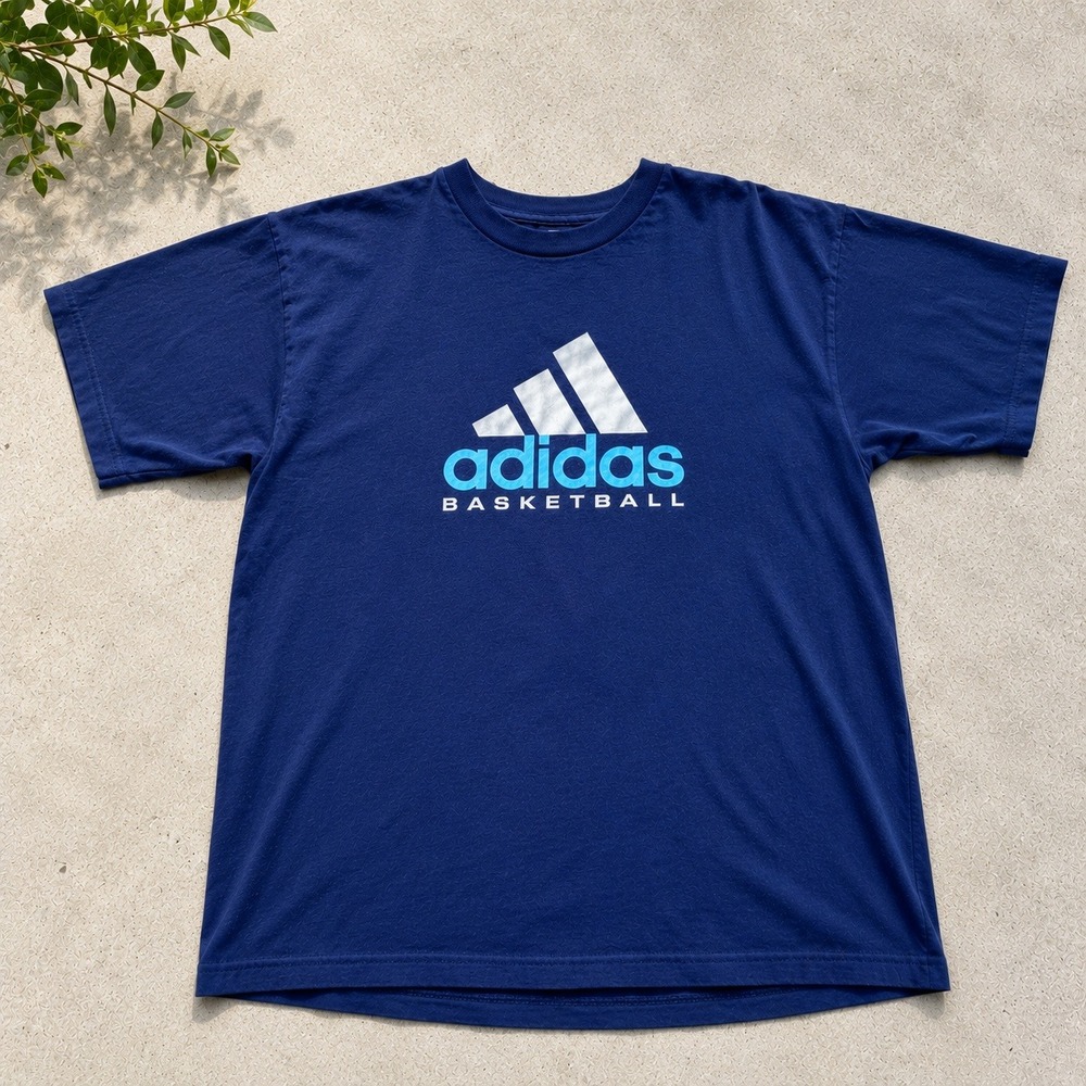 Vintage 80s Adidas Basketball Graphic T-Shirt Mens XL Navy Blue Short Sleeve